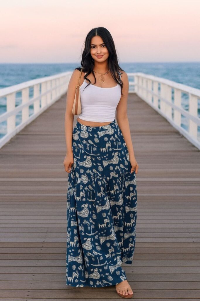 a petite woman wearing Cropped Tank With A Maxi Skirt