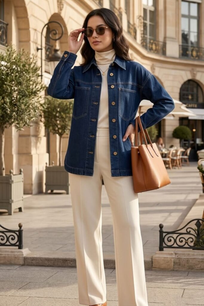 a petite woman wearing Denim Shackets
