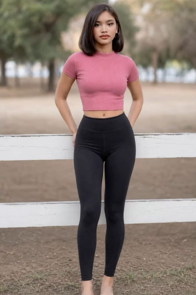 a petite woman wearing High-Waisted Black Leggings With A Cropped Tank