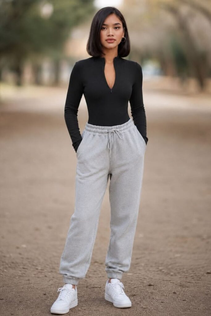 a petite woman wearing Joggers With A Fitted Bodysuit