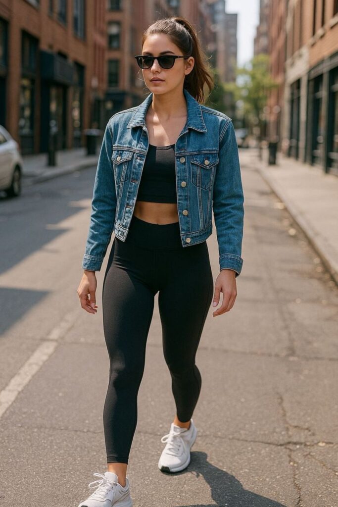 a petite woman wearing Leggings With A Denim Jacket And Tank