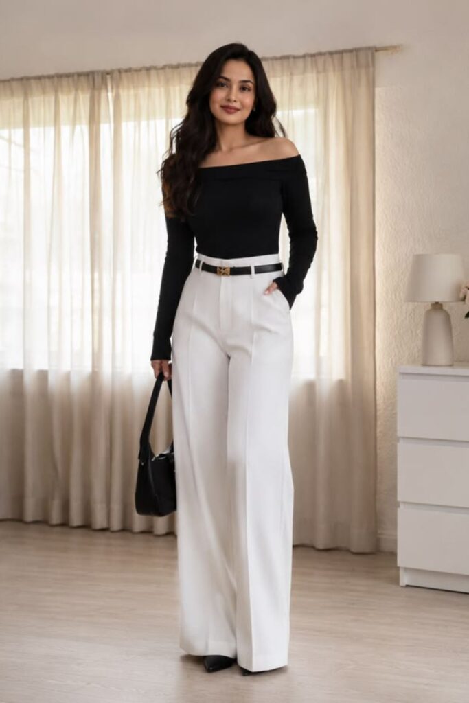 a petite woman wearing Off Shoulder Top And Straight Pants