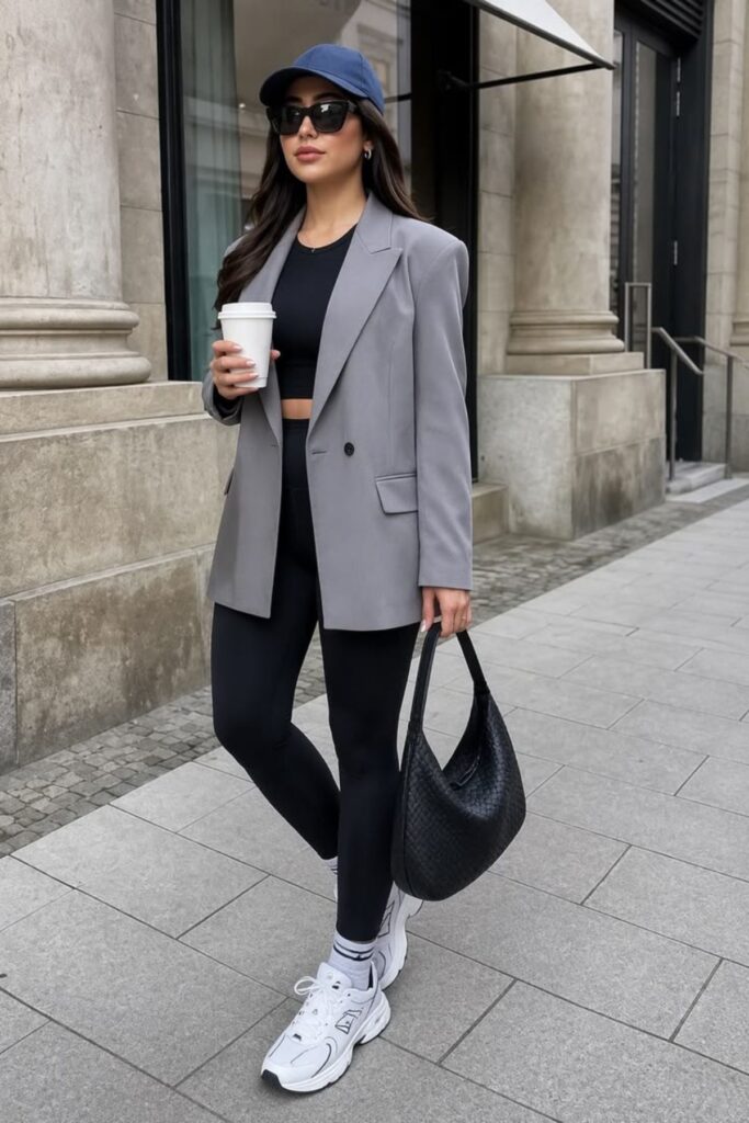a petite woman wearing Oversized Blazer With A Tank And Leggings