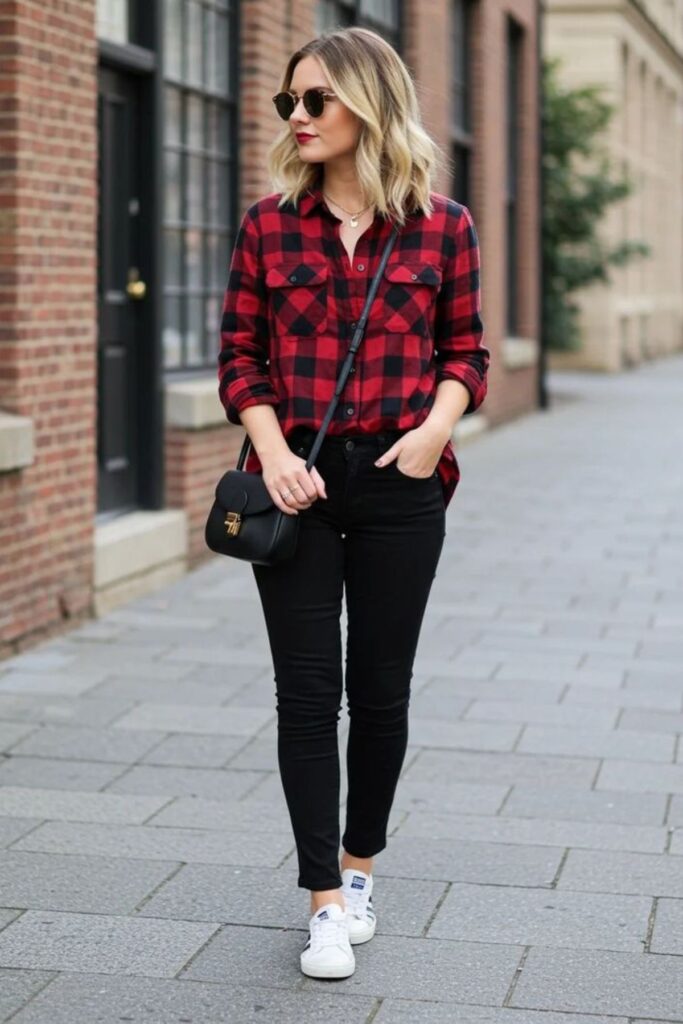 a petite woman wearing Plaid Shirt And Black Jeans