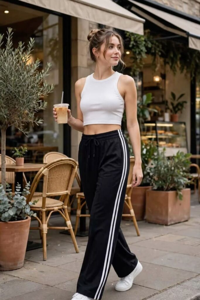 a petite woman wearing Ribbed Tank With Relaxed Track Pants