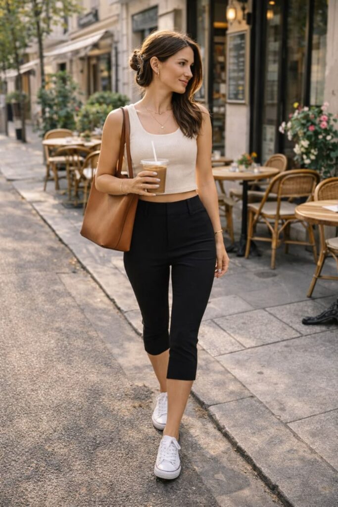 a petite woman wearing Tank Top With Cropped Training Pants
