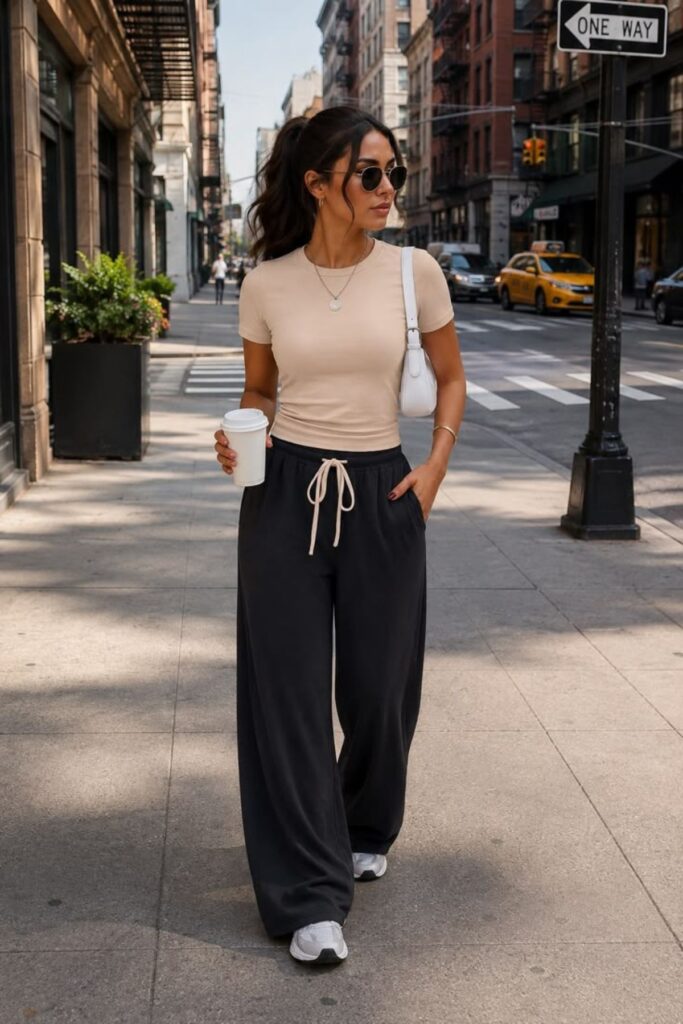a petite woman wearing Wide-Leg Sweatpants With A Fitted Tank