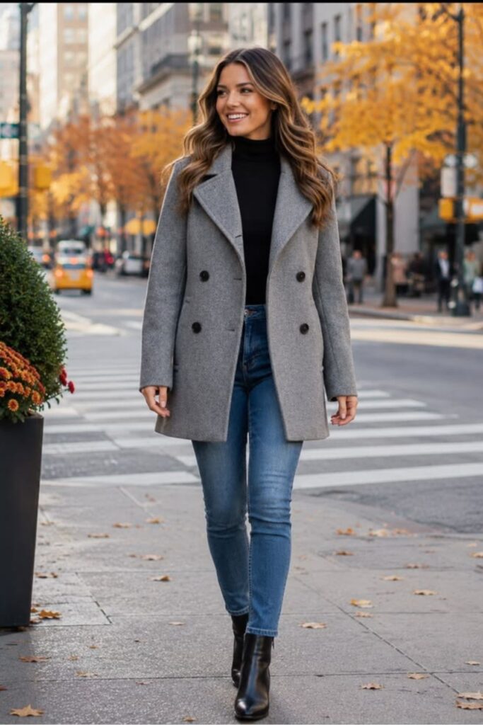 a petite woman wearing Wool Coat And Ankle Boots