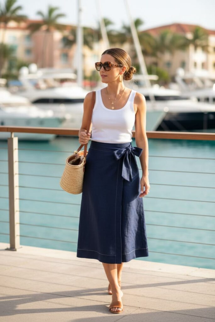 a petite woman wearing Wrap Skirt With A Fitted Tank