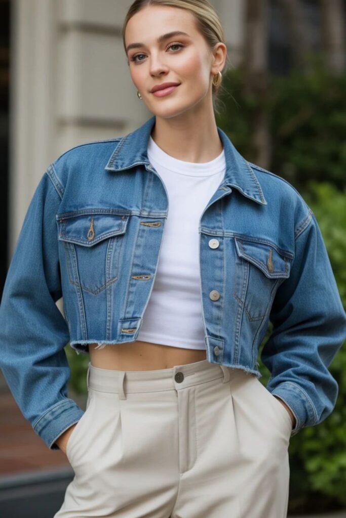 a petite woman wearing a Cropped Oversized Denim Jacket