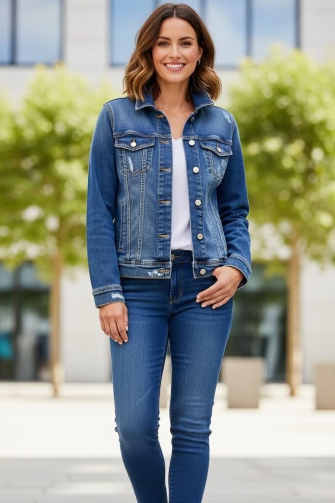 a petite woman wearing a Denim Jackets With A Defined Waist
