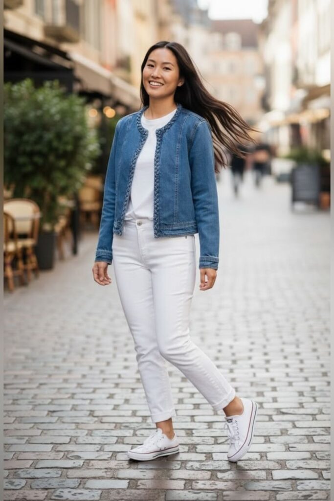 a petite woman wearing a Denim Jackets With Minimal Details