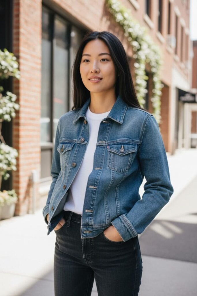 a petite woman wearing a Light-Wash Denim Jacket