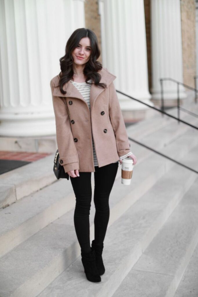 a petite woman wearing a Short Peacoat