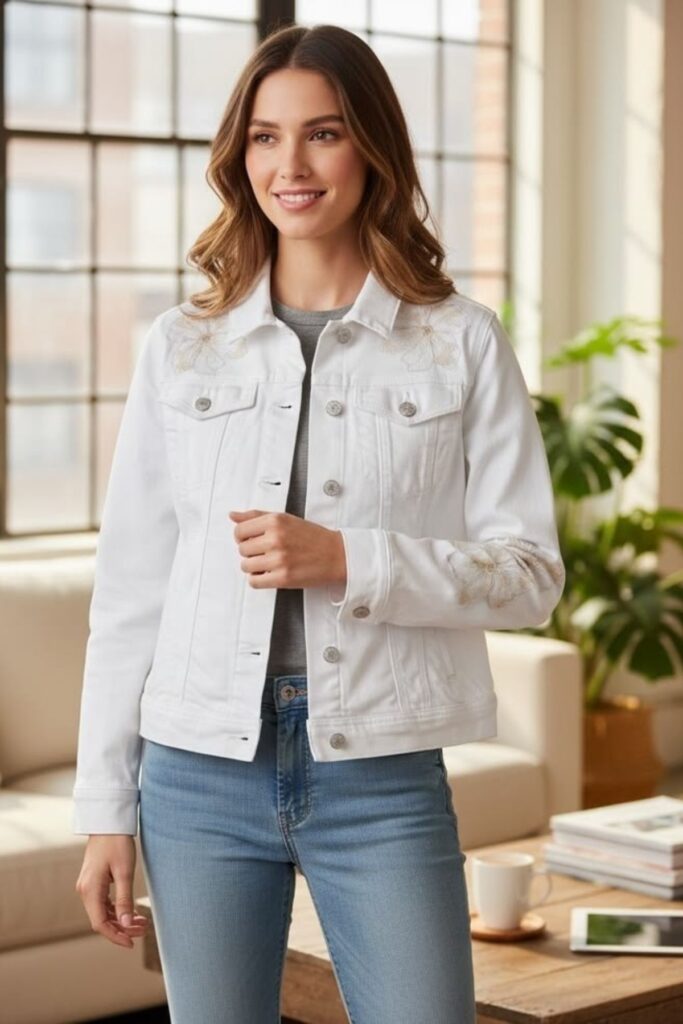 a petite woman wearing a White Denim Jacket