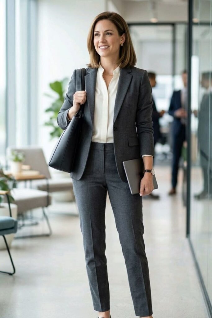 a petite woman wearing a blazer and slim trouser