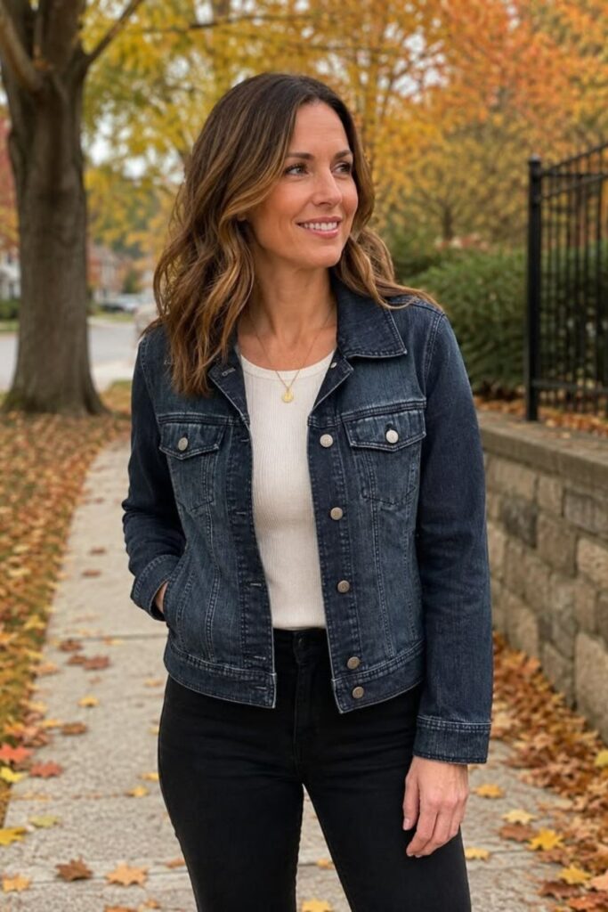 a petite woman wearing a fitted Denim Jacket