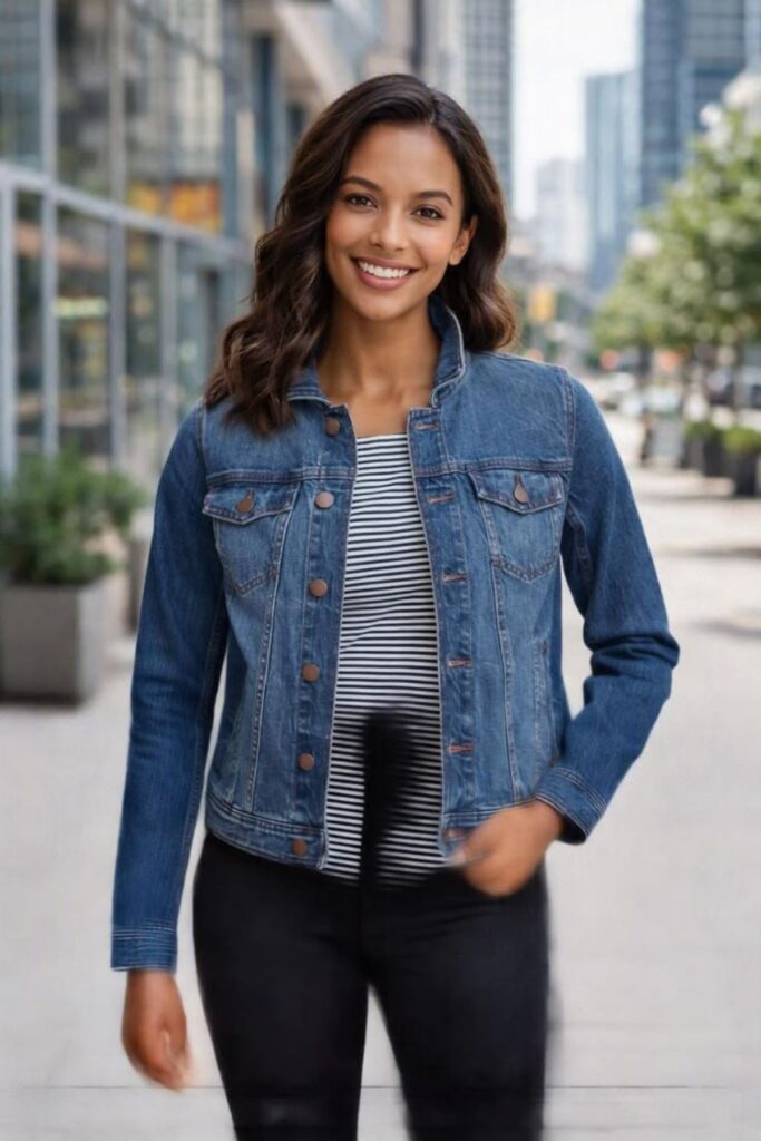 a woman wearing a denim jacket